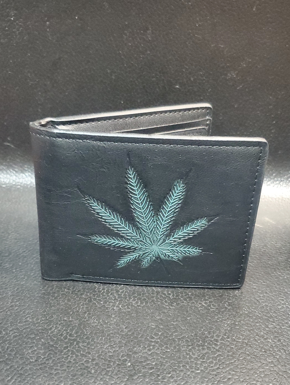 Black Leather Bi-Fold Wallet with Teal Leaf Emboss